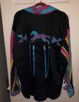 Ribbon Shirt by Penny Singer -- black shirt with purple, turqoise, and yellow applique